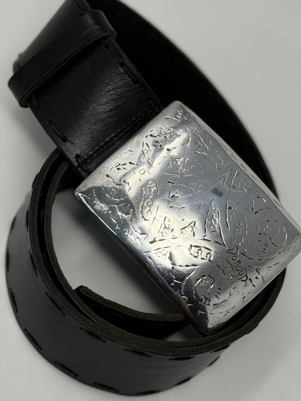 Dondup Black Leather Belt Wide Strap Artisan Engraved Buckle. Made in Italy 🇮🇹
